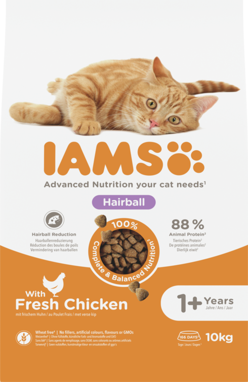 IAMS Advanced Nutrition Hairball Cat Food with Fresh Chicken – 10kg / 800g
