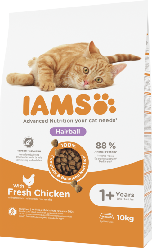 IAMS Advanced Nutrition Hairball Cat Food with Fresh Chicken – 10kg / 800g